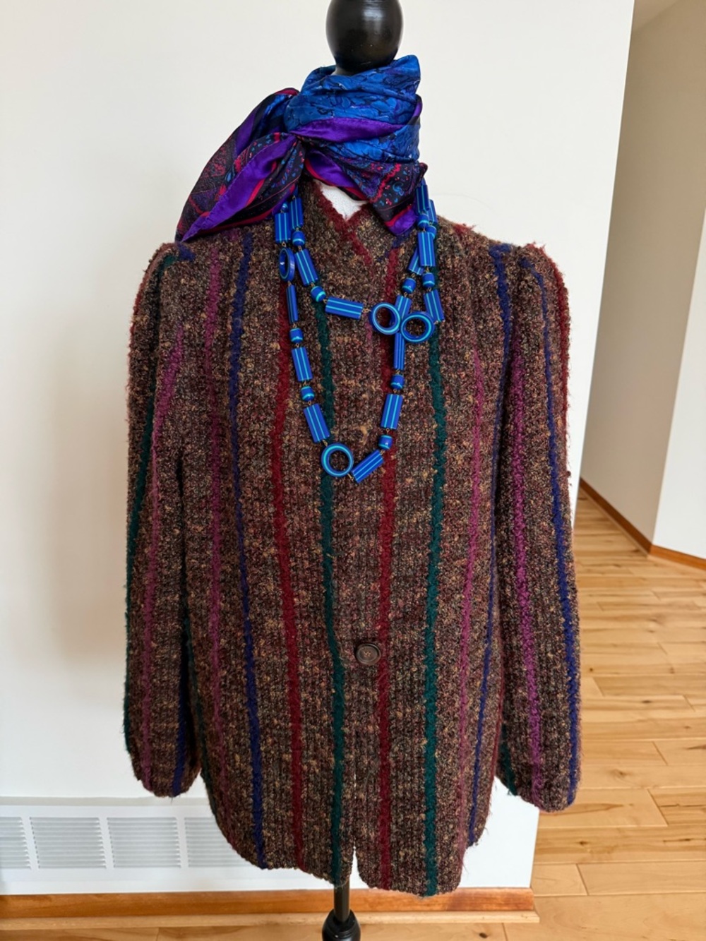 Grandma core Textured Striped Bouclé Jacket with Jewel-Tone Scarf - Picture 1 of 10
